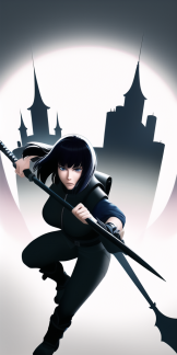 Kanji, Motoko, trending on artstation, High Fantasy Girl wielding Spear wearing Ninja Armor by Takashi Murakami, floating gothic castle s-619650267