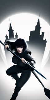 Kanji, Motoko, trending on artstation, High Fantasy Girl wielding Spear wearing Ninja Armor by Takashi Murakami, floating gothic castle s-1217950696