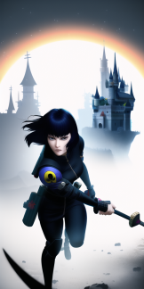 Kanji, Motoko, trending on artstation, High Fantasy Girl wielding Spear wearing Ninja Armor by Takashi Murakami, floating gothic castle s-1217950695