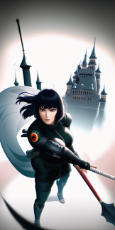 Kanji, Motoko, trending on artstation, High Fantasy Girl wielding Spear wearing Ninja Armor by Takashi Murakami, floating gothic castle s-1059948210