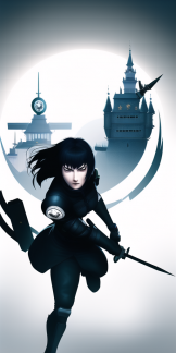 Kanji, Motoko, trending on artstation, High Fantasy Girl wielding Spear wearing Ninja Armor by Takashi Murakami, floating gothic castle s-1217950694