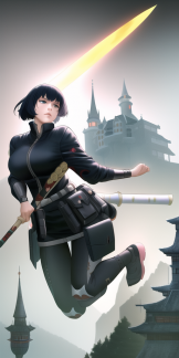 Kanji, Motoko, trending on artstation, High Fantasy Girl wielding Spear wearing Ninja Armor by Takashi Murakami, floating gothic castle s-1697101896