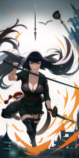 Kanji, Motoko, trending on artstation, High Fantasy Girl wielding Spear wearing Ninja Armor by Takashi Murakami, floating gothic castle s-1697101895