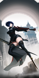 Kanji, Motoko, trending on artstation, High Fantasy Girl wielding Spear wearing Ninja Armor by Takashi Murakami, floating gothic castle s-1697101894