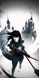 Kanji, Motoko, trending on artstation, High Fantasy Girl wielding Spear wearing Ninja Armor by Takashi Murakami, floating gothic castle s-3058712431
