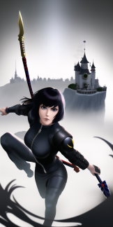 Kanji, Motoko, trending on artstation, High Fantasy Girl wielding Spear wearing Ninja Armor by Takashi Murakami, floating gothic castle s-3058712433