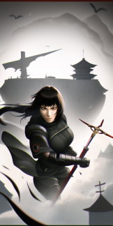 Kanji, Motoko, trending on artstation, High Fantasy Girl wielding Spear wearing Ninja Armor by Takashi Murakami, floating gothic castle s-1697101897