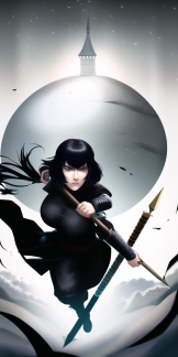 Kanji, Motoko, trending on artstation, High Fantasy Girl wielding Spear wearing Ninja Armor by Takashi Murakami, floating gothic castle s-3058712432